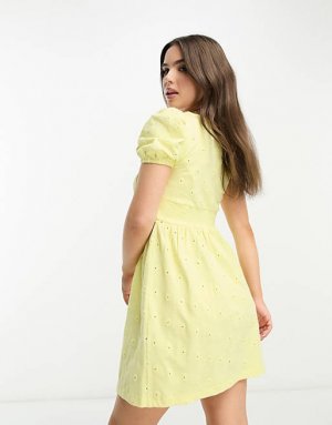 Лимонное чайное платье мини с короткими рукавами и присборенным бюстом ASOS DESIGN Petite Broderie