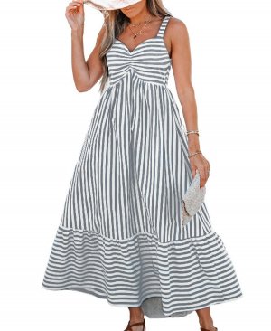 Женское пляжное платье макси в полоску со сборками, серый CUPSHE