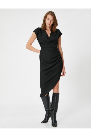 Асимметричное платье V-образный вырез с драпировкой и коротким рукавом , черный Koton