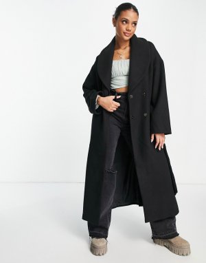 Черное oversized-пальто с поясом и большими карманами -Черный цвет NA-KD