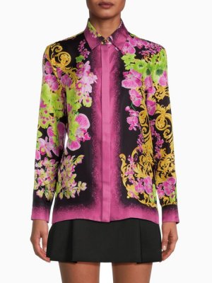 Шелковая блузка с цветочным принтом , цвет Black Pink Versace