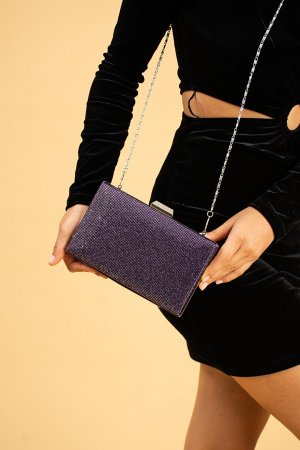 Серебряный чехол с ремешком-цепочкой и блестящим камнем, вышитая женская сумка для вечернего платья BAG246-23 , фиолетовый Pembe Potin