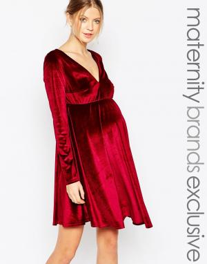 Приталенное бархатное платье миди для беременных с глубоким вырезом Cl Club L Maternity. Цвет: burgundy