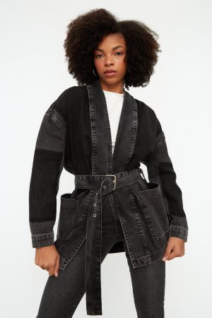 Джинсовая куртка оверсайз с поясом антрацитового цвета в стиле колор-блок , серый Trendyol
