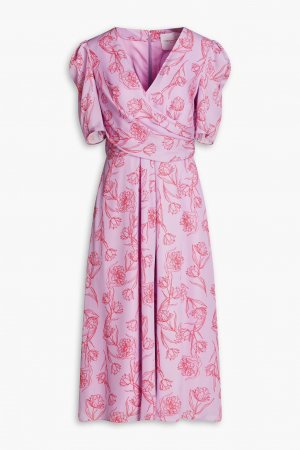 Платье миди из шелкового крепдешина с драпировкой и цветочным принтом , сирень Carolina Herrera