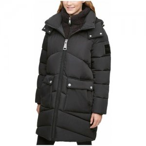 Куртка-пальто XS черное с капюшоном и плюшевым воротником, лого подтяжки внутри Calvin Klein. Цвет: черный