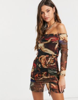 Платье мини с открытыми плечами и длинными рукавами -Многоцветный Femme Luxe