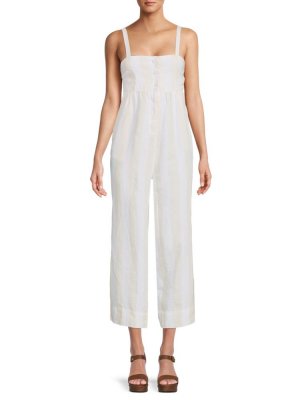 Полосатый льняной комбинезон с широкими штанинами , цвет Natural White Saks Fifth Avenue