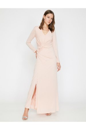 Женское розовое платье со сборками и длинным рукавом с V-образным вырезом макси-разрезом , розовый Koton