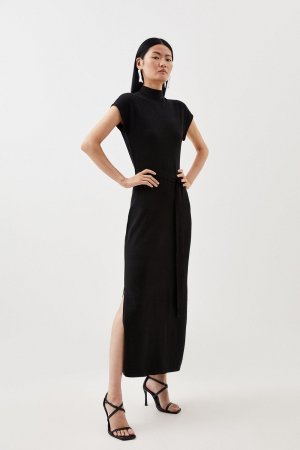 Трикотажное платье мидакси с поясом из вискозы , черный Karen Millen