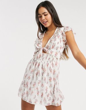Кремовое пляжное платье с цветочным принтом -Белый River Island