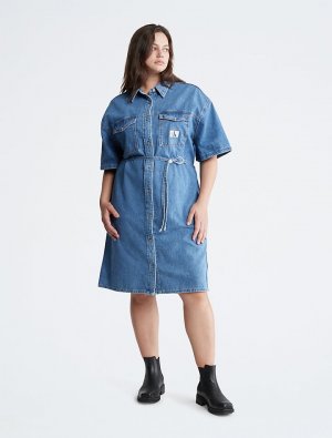 Плюс размер Джинсовое платье-рубашка в стиле милитари , синий Calvin Klein