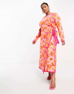 Трикотажное платье миди с запахом розового и оранжевого цвета леопардовым принтом Never Fully Dressed Plus