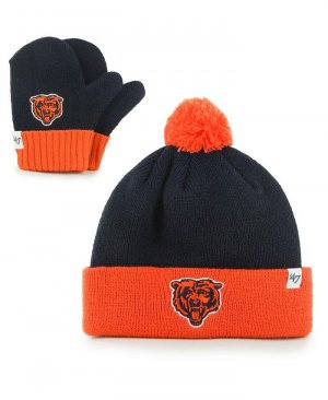 Комплект вязаной шапки с манжетами и варежками Chicago Bears Bam для мальчиков девочек темно-синего оранжевого цветов помпоном '47 Brand, синий '47 Brand