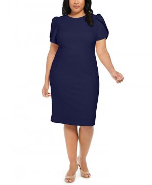 Платье-футляр больших размеров с пышными рукавами , синий Calvin Klein