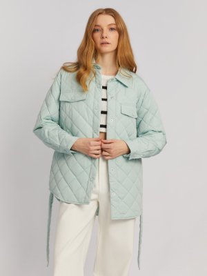 Утеплённая стёганая куртка-рубашка на синтепоне с поясом zolla. Цвет: мятный
