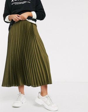 Атласная плиссированная юбка миди цвета хаки -Зеленый New Look