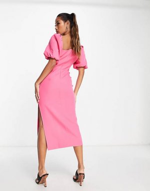 Ярко-розовое платье миди с пышными рукавами и асимметричным вырезом ASOS DESIGN Unknown