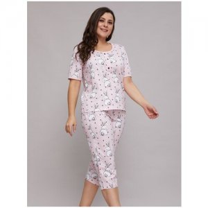 Пижама , бриджи, футболка, короткий рукав, размер 56, белый, розовый Алтекс. Цвет: бежевый/коричневый
