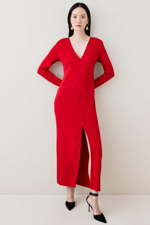 Компактное приталенное платье макси из вискозы с длинными рукавами и разрезом спереди , красный Karen Millen