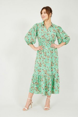 Зеленое платье-рубашка миди с цветочным принтом , зеленый Yumi