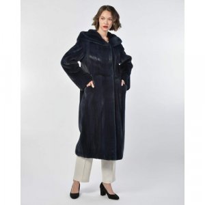 Пальто , норка, силуэт свободный, капюшон, пояс/ремень, размер 38, синий Manakas Frankfurt. Цвет: синий
