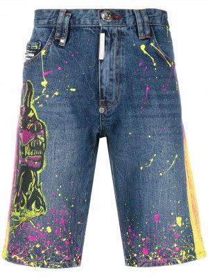 Джинсовые шорты с эффектом разбрызганной краски Philipp Plein. Цвет: синий
