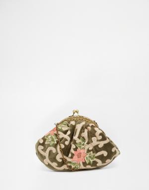 Бархатный клатч с вышивкой Moyna. Цвет: оливковый