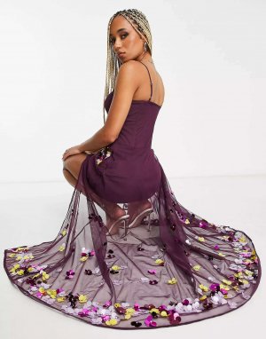 Эксклюзивное сливовое платье-макси с корсетом и цветочным декором Starlet