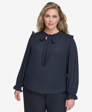 Блузка больших размеров с оборками и завязками на воротнике , синий Calvin Klein