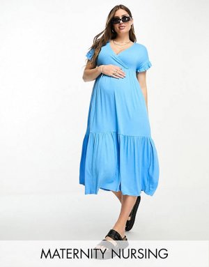 Синее платье миди с оборками на рукавах для беременных Mamalicious Maternity Mama.licious