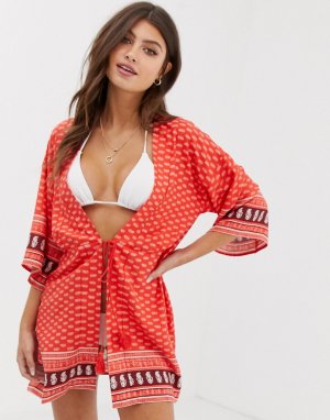 Пляжное кимоно с принтом и завязкой спереди Influence. Цвет: красный
