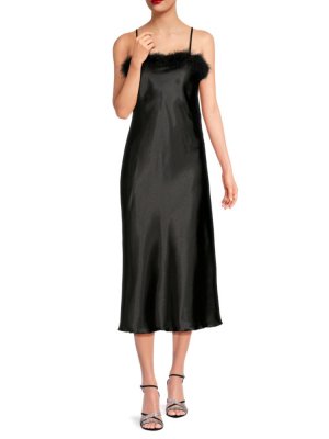 Атласное платье-комбинация миди с перьями , черный Bebe