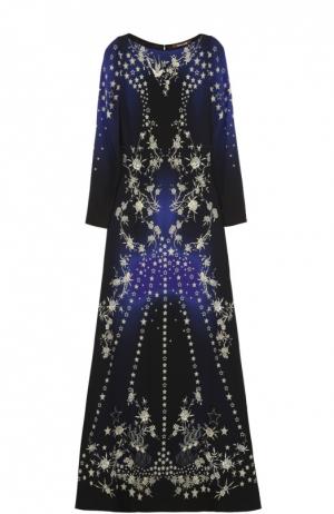 Приталенное платье в пол с длинным рукавом и вышивкой Roberto Cavalli. Цвет: темно-синий