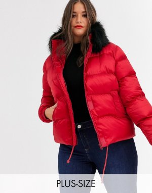 Короткая дутая куртка с искусственным мехом -Красный Koko