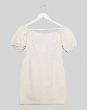 Светло-бежевое джинсовое платье мини с пышными рукавами -Белый New Look