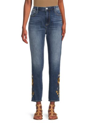 Укороченные джинсы Jackie с высокой посадкой и цветочной вышивкой , цвет Medium Wash Driftwood