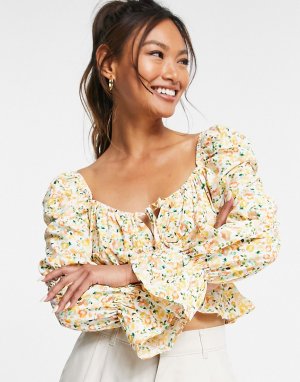 Блузка с присборенной талией, квадратным вырезом горловины и цветочным принтом -Белый Glamorous