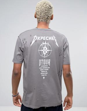 Состаренная футболка с принтом на спине Tour Dxpe Chef. Цвет: серый