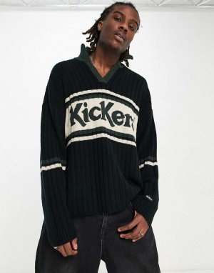 Темно-зеленый свитер в рубчик с открытым воротником Kickers