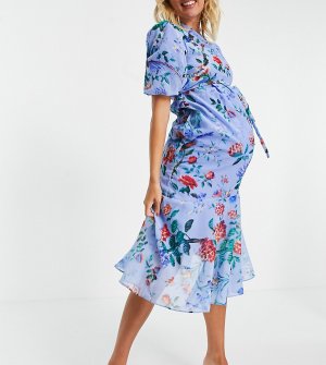 Синее асимметричное платье миди с объемными рукавами и принтом маков -Синий Hope & Ivy Maternity