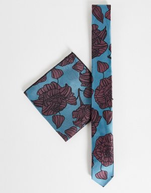 Узкий галстук и платок для нагрудного кармана бирюзового цвета с красным цветочным принтом -Разноцветный Bolongaro Trevor
