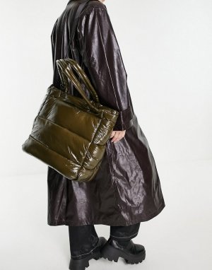 Стеганая виниловая сумка-шопер цвета хаки -Коричневый цвет Object