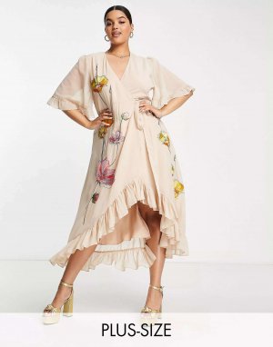 Платье макси с запахом и вышивкой персикового цвета Hope & Ivy Plus