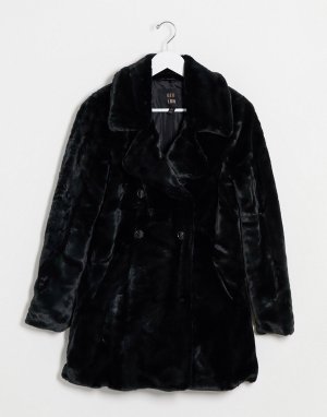 Черное двубортное пальто из искусственного меха -Черный QED London