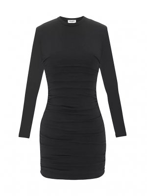 Платье из шерстяного джерси со сборками, черный Saint Laurent
