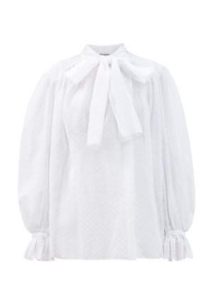 Блуза из полупрозрачного хлопка с бантом и микро-помпонами Vika Gazinskaya. Цвет: белый