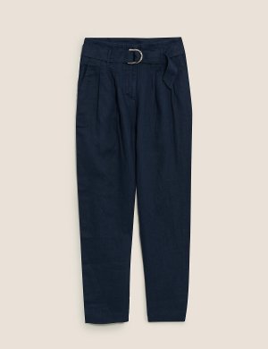Зауженные брюки длиной до щиколотки из чистого льна, Marks&Spencer Marks & Spencer. Цвет: темно-синий
