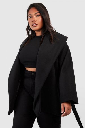 Куртка большого размера с шерстяным воротником и поясом boohoo, черный Boohoo