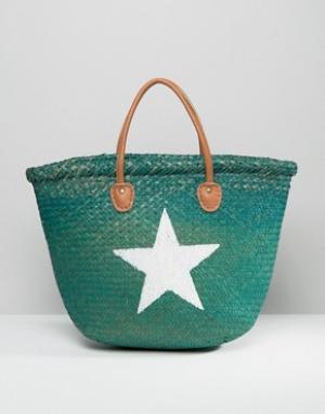 Соломенная сумка-тоут с изображением звезды Hat Attack. Цвет: зеленый